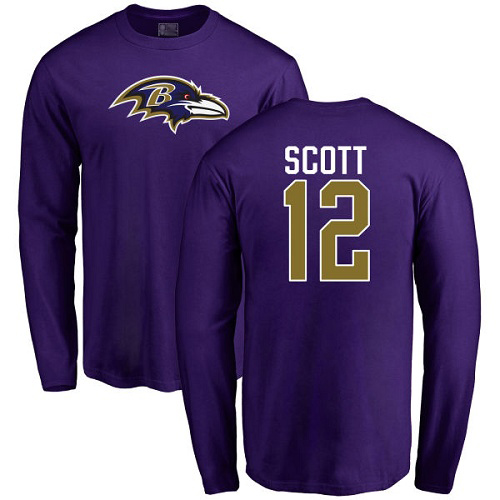 Men Baltimore Ravens Purple Jaleel Scott Name and Number Logo NFL Football #12 Long Sleeve T Shirt->nfl t-shirts->Sports Accessory